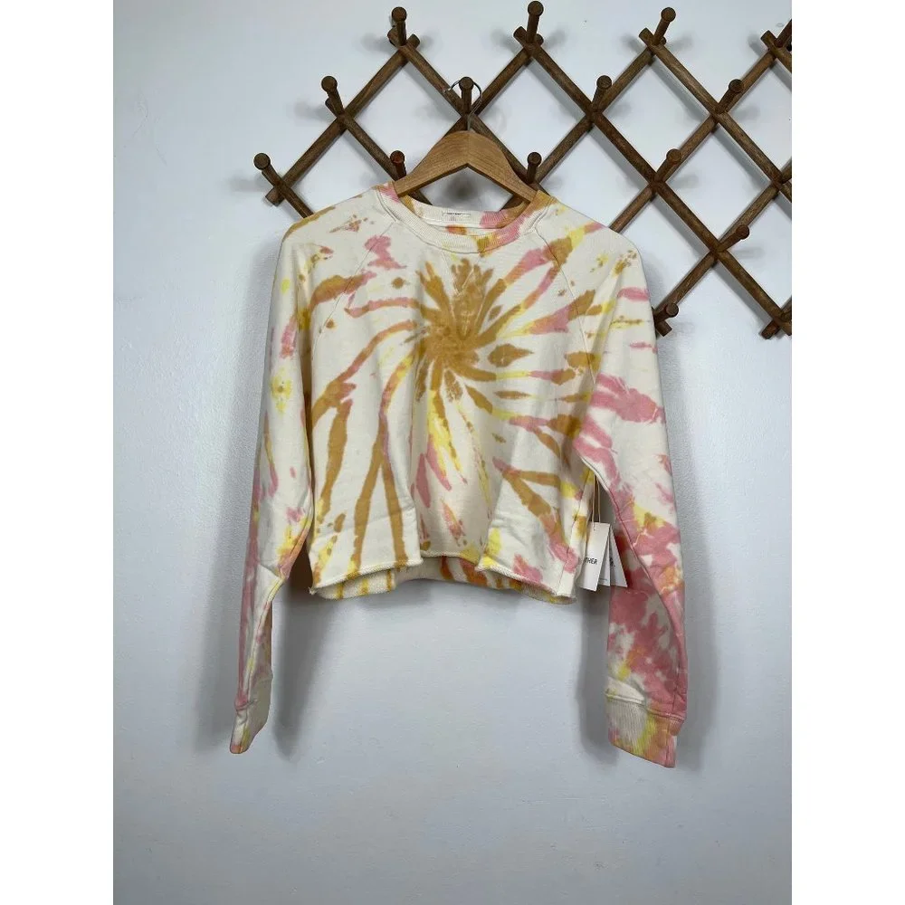 MOTHER The Loafer Crop Fray Sweatshirt In Coral Haze & Lemon - Picture 2 of 10